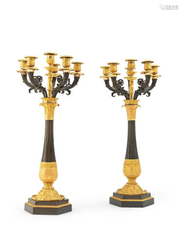 A pair of French late 19th century gilt and patinated bronze six branch candelabra