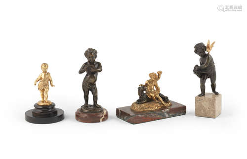 After Claude Michel, called Clodion (French, 1738-1814): A patinated bronze figure of a putto playing a pan flute together with three other patinated bronze and gilt-bronze figure groups