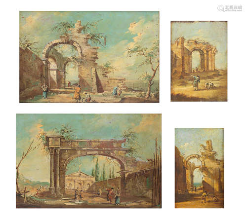 Figures by classical ruins two 20.7 x 30.6cm (8 1/8 x 12 1/16in). and two 18.2 x 13.1cm (7 3/16 x 5 3/16in) (4) Manner of Francesco Guardi21st Century