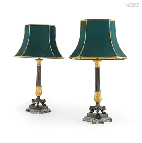 late 19th century  A pair of Empire style gilt and patinated bronze lampbases