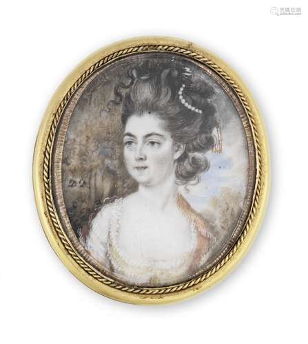 A portrait miniature of a lady wearing an orange stole over her yellow and white dress, her hair upswept with ribbon and a strand of pearls Attributed to Mrs Diana Hill(née Dietz) (British, active 1775-1844)