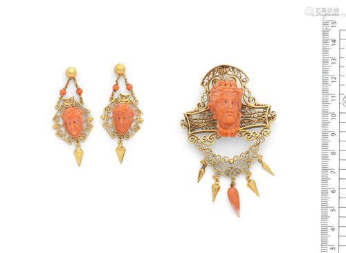 (2) A coral cameo brooch and earring suite