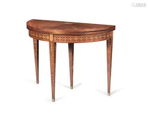 A late 18th century mahogany and marquetry demi-lune card table