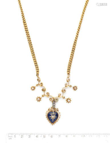 (2) An antique enamel choker and an enamel and diamond heart necklace, circa 1880