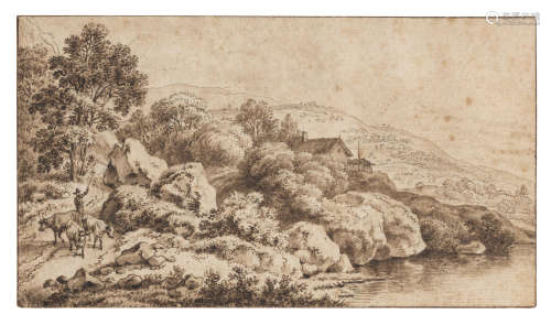 A drover with his herd in a river landscape Attributed to Ferdinand Kobell(German, 1740-1799)