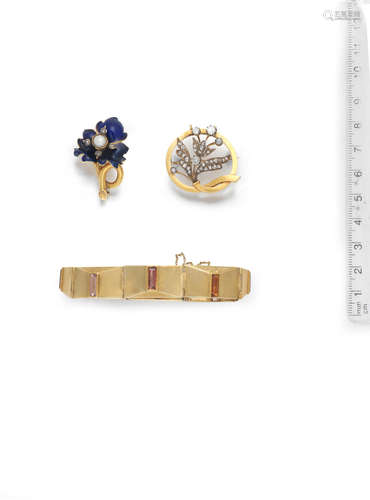 (3) An enamel brooch, circa 1870, a diamond brooch, circa 1890, and a gem-set bracelet, circa 1940