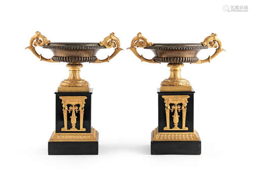 A large pair of French 19th century patinated and gilt bronze tazze