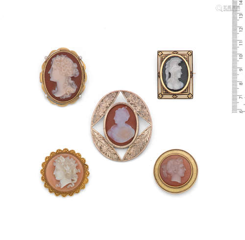 (5) Five hardstone cameo brooches, mid - late 19th century