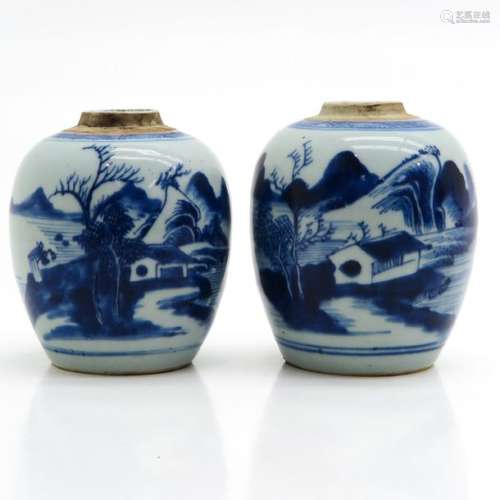 A Pair of Blue and White Small Jars