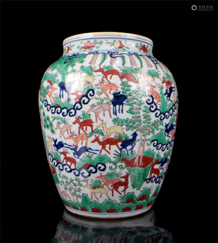 CHINESE PORCELAIN BLUE AND WHITE WUCAI DEER JAR