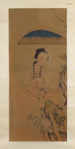 CHINESE SCROLL PAINTING OF BEAUTY IN GARDEN