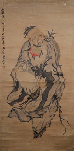 CHINESE SCROLL PAINTING OF OLD MAN WITH PEACH