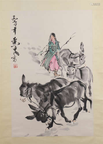 CHINESE SCROLL PAINTING OF GIRL AND DONKEY