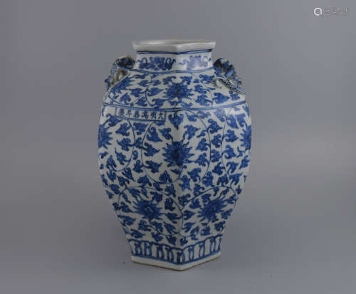 CHINESE PORCELAIN BLUE AND WHITE FLOWER HEXAGONAL JAR