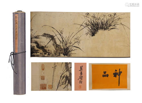 CHINESE HAND SCROLL PAINTING OF ORCHID AND CALLIGRAPHY