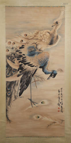 CHINESE SCROLL PAINTING OF PEACOCK