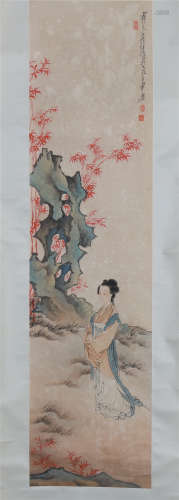 CHINESE SCROLL PAINTING OF BEAUTY IN GARDEN