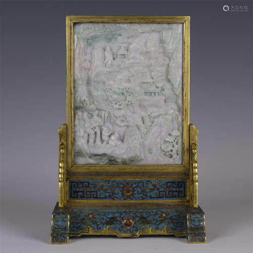 CHINESE JADEITE CARVED SQUARE PLAQUE OF MOUNTAIN VIEWS CLOISONNE TABLE SCREEN