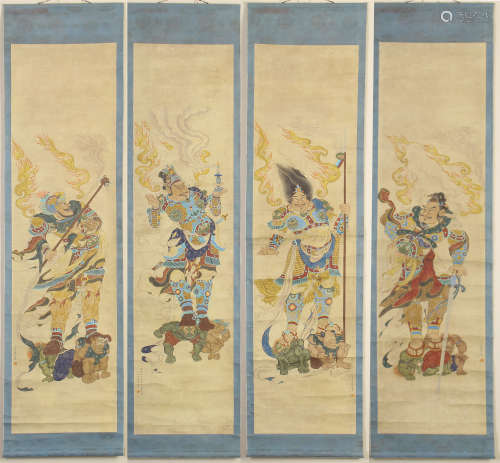 FOUR PANELS OF CHINESE SCROLL PAINTING OF WARRIORS WITH WEAPON