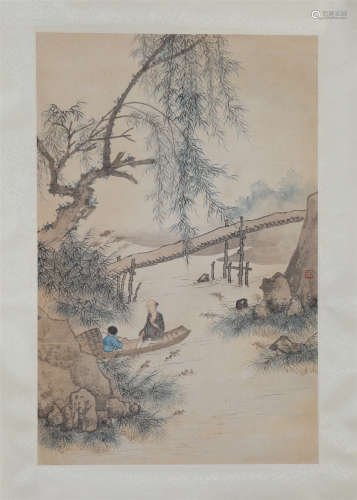 CHINESE SCROLL PAINTING OF MAN IN BOAT IN RIVER