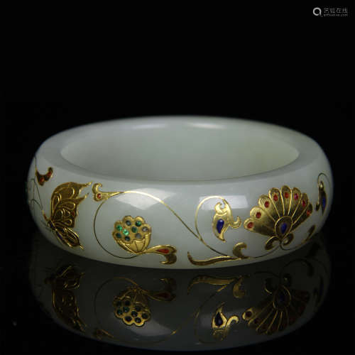 CHINESE PURE GOLD INLAID WHITE JADE BANGLE