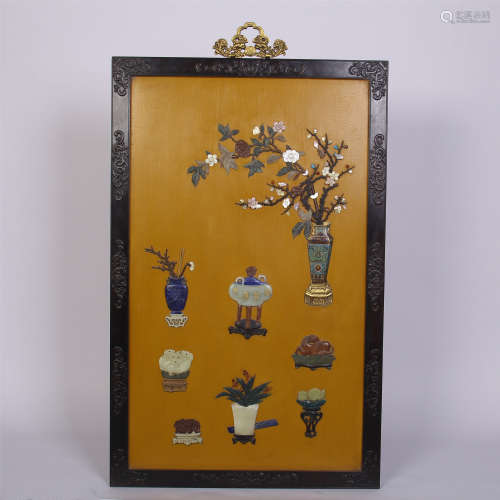 CHINESE GEM STONE INLAID LACQUER ROSEWOOD WALL SCREEN