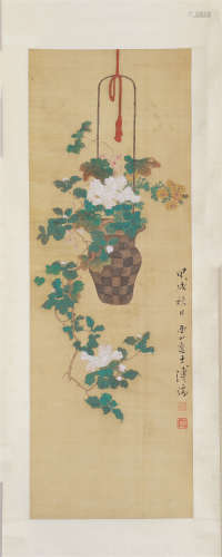 CHINESE SCROLL PAINTING OF FLOWER IN BASKET