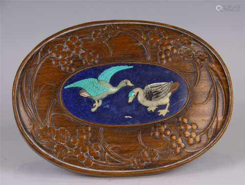 CHINESE GEM STONE INLAID GEESE HUANGHUALI OVAL BOX