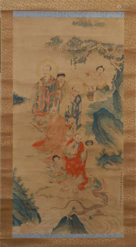 CHINESE SCROLL PAINTING OF LOHAN IN MOUNTAIN