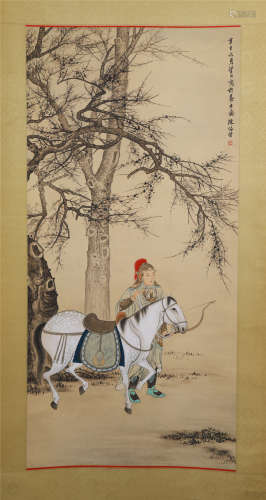 CHINESE SCROLL PAINTING OF HORSEMAN WITH ARCH UNDER TREE