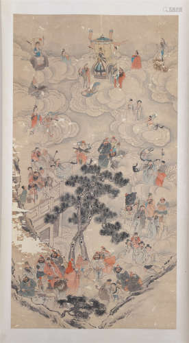 CHINESE SCROLL PAINTING OF FIGURES IN CLOUD