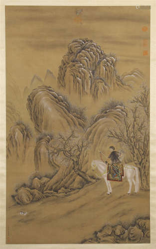 CHINESE SCROLL PAINTING OF HORSEMEN IN MOUNTAIN