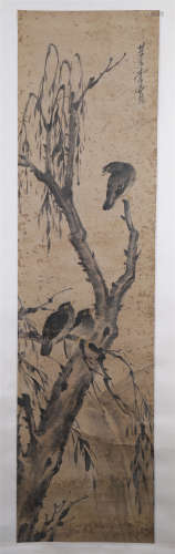 CHINESE SCROLL PAINTING OF BIRD ON TREE