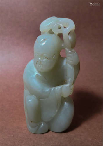 CHINESE JADE CARVED BOY WITH LOTUS