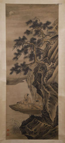 CHINESE SCROLL PAINTING OF MAN IN BOAT UNDER CLIFF