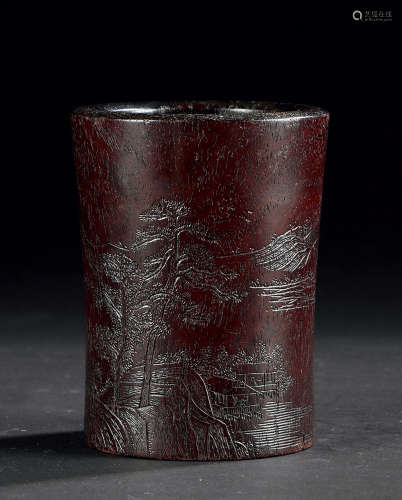 19世纪 紫檀山水纹笔筒