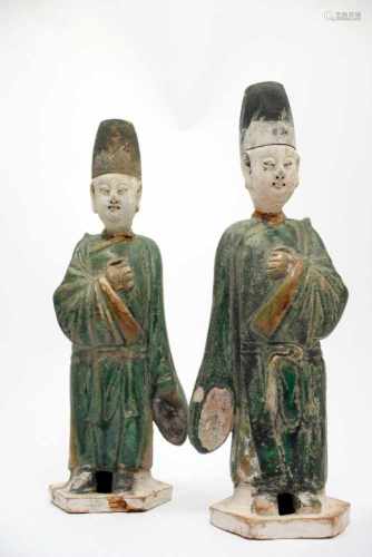 Two Chinese OfficialsPainted earthenwareChinaMing DynastyH: 33 cmTwo funerary statues of Chinese