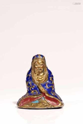 GuanyinClay paintedChina19th ctH: 9 cmColourfully painted depiction of a seated Guanyin, robes