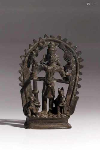 VishnuBronzeIndia18th ctH: 11 cmA four-armed Vishnu before an aureola and holding attributes: a