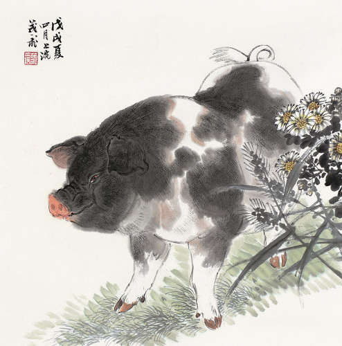 王茂飞（b.1969） 猪圆屋润 镜片 设色纸本