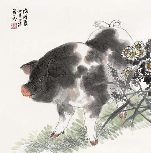 王茂飞（b.1969） 猪圆屋润 镜片 设色纸本