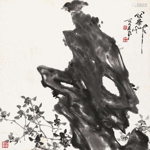 高冠华（1915～1999） 兰石小鸟 镜片 设色纸本