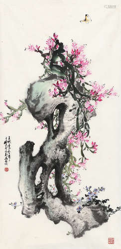 梁占峰（b.1924） 花蝶图 镜片 设色纸本