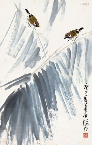 叶绿野（1922～2016） 芭蕉小鸟 镜片 设色纸本