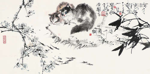 林墉（b.1942）  林丰俗（1939～2017）  汤小铭（b.1939）  伍启中（b.1944） 梅竹双猫 镜片 设色纸本