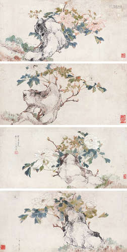 居廉（1828～1904） 花卉 （四帧） 镜片 设色纸本