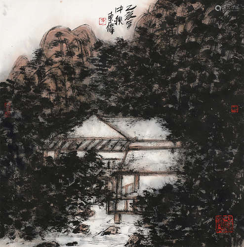 李东伟（b.1961） 人家 镜片 设色纸本