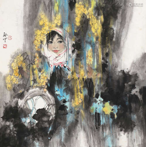 伍启中（b.1944） 少女 镜片 设色纸本