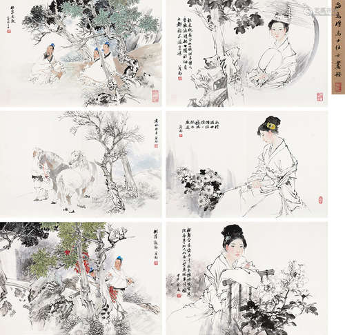 王茂飞（b.1969） 高士仕女图册 册页 （十二开选六） 设色纸本