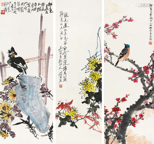 董寿康（b.1940）  冯展公（#）  孔汉（#） 花鸟 （三帧） 立轴 设色纸本